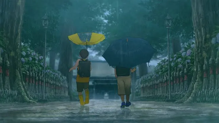 The protagonists are walking on a rainy day with an umbrella 