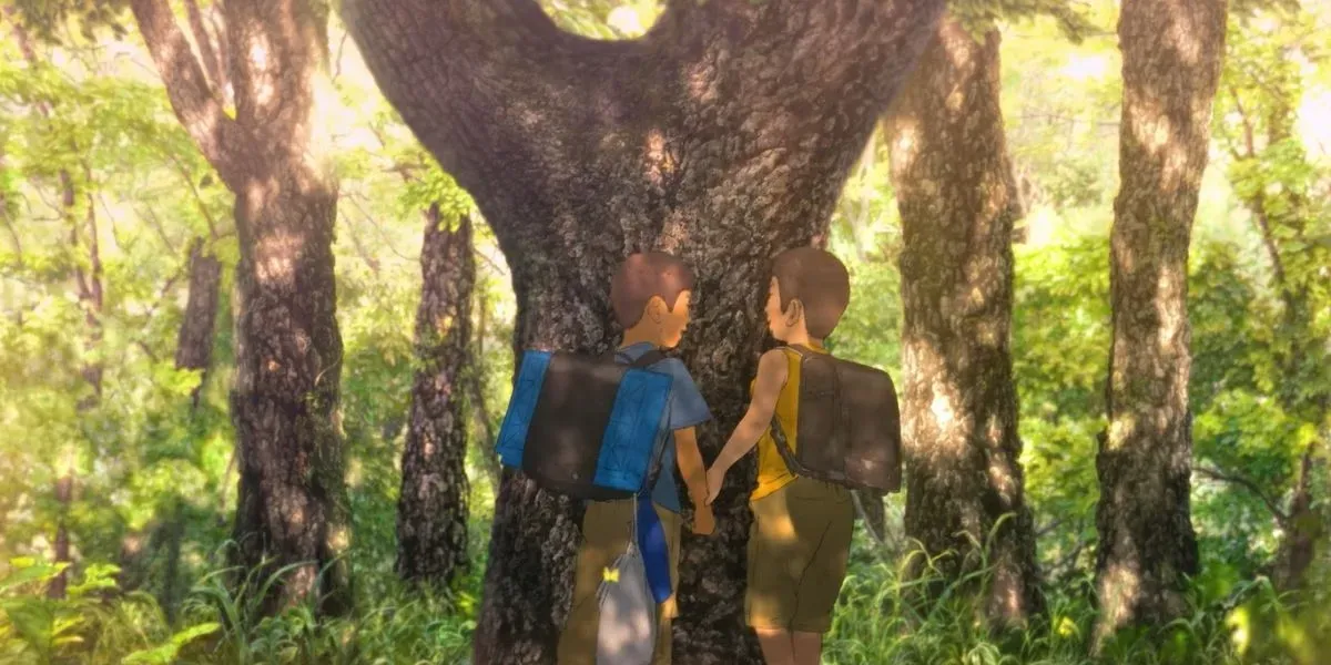 The protagonists are interacting near a tree
